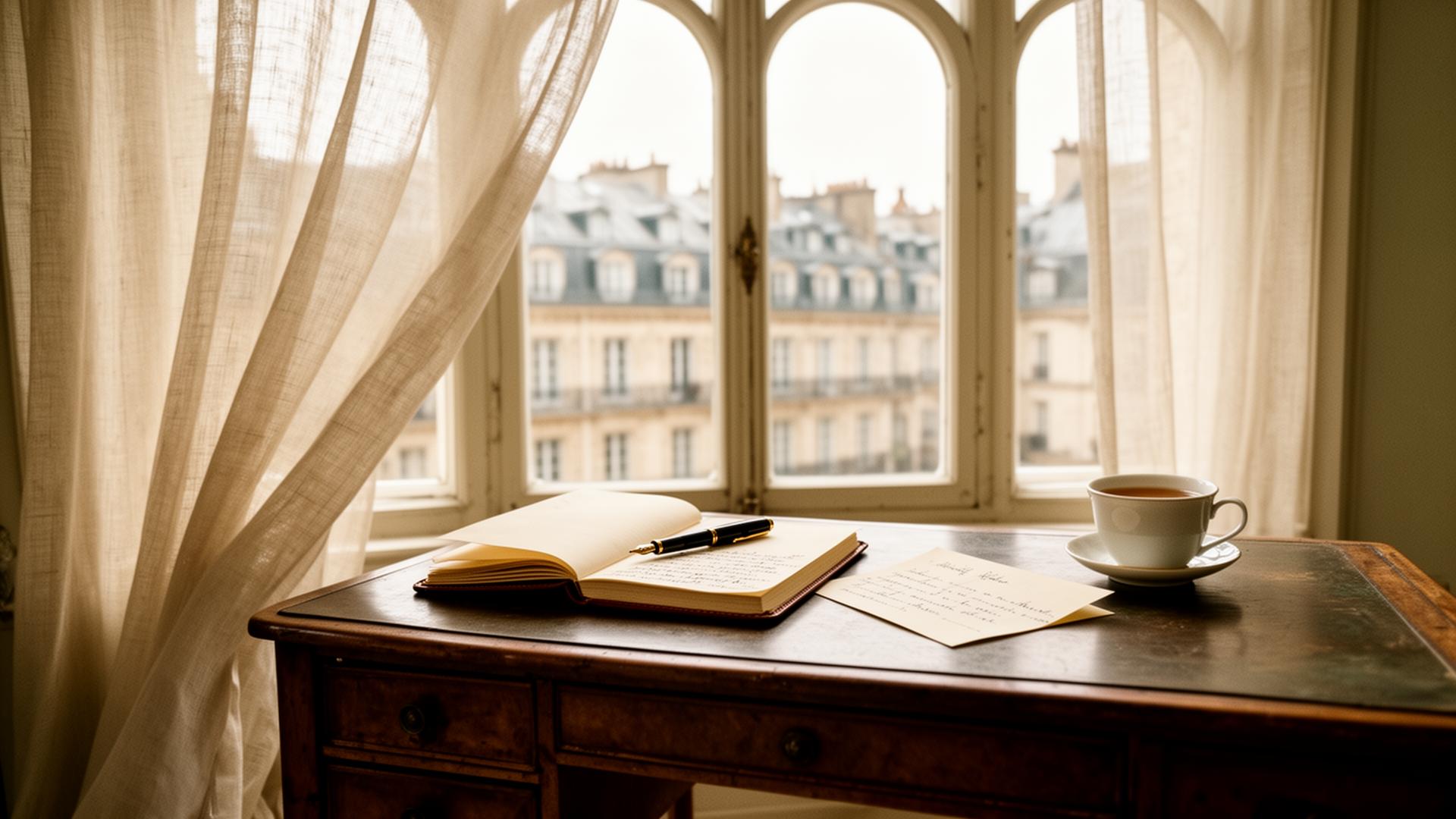 A quiet European writing desk by an open window — journal, letter, and tea in soft morning light