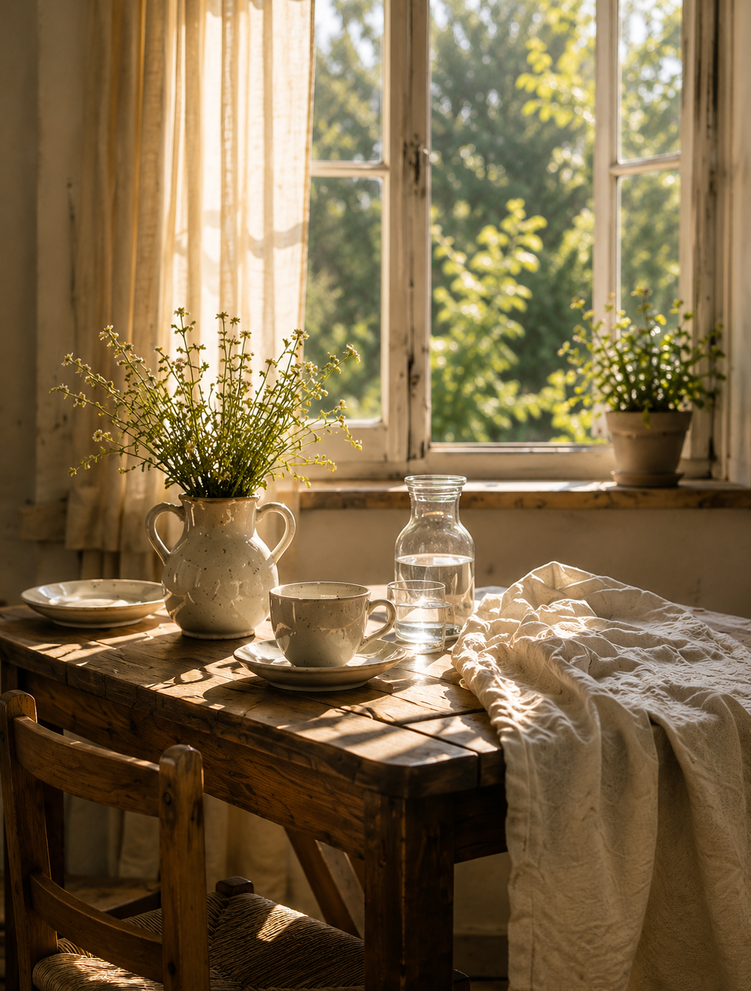 Morning light on a European country table — linen, wildflowers, and ceramics
